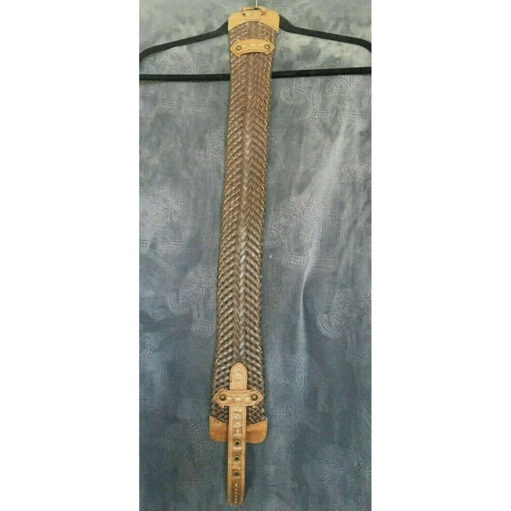 Belgo Lux Wide Dark Brown 2 Tone Leather Weave Fashion Cinch Belt Small